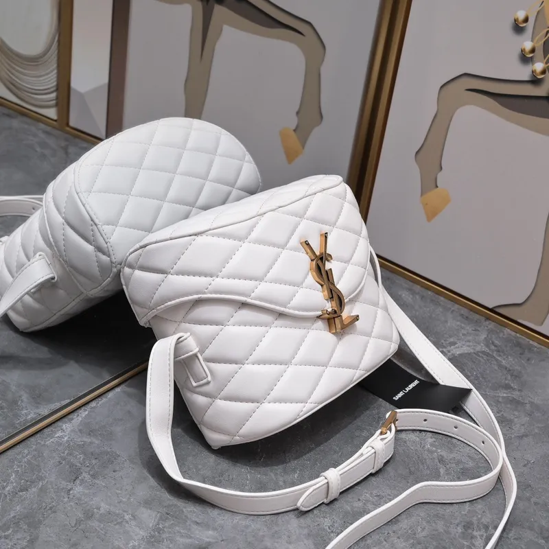 The 2023 New YSL Saint Laurent New JUNE Quilted Sheepskin Box Bag features  a front flip, shaped barrel design, and extremely compl… in 2023