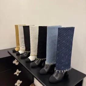 Chanel Knee - High Boots: Diverse Textures, Gold Chains, a Showcase of Luxe Creativity #A54193