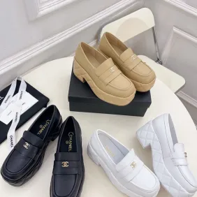 Chanel shoes for Women Chanel Leather Loafers: Timeless Style with Iconic Gold CC Logo White/Black/Brown #A54192