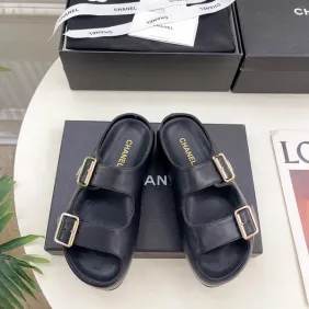 Chanel shoes for Women's Chanel slippers Flat Sandals for women Lola Cruz in leather Heel height:4.5cm Black/Brown/White #A54175