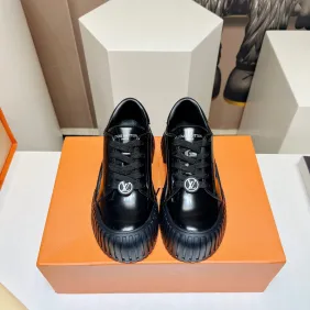 Louis Vuitton Black Sneakers: Patent Leather &amp; Iconic LV Logo, Merging Luxury and Edge Black/White/Brown #A54199