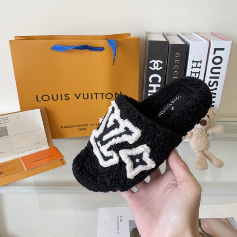 Louis Vuitton Shearling Logo Slides Black