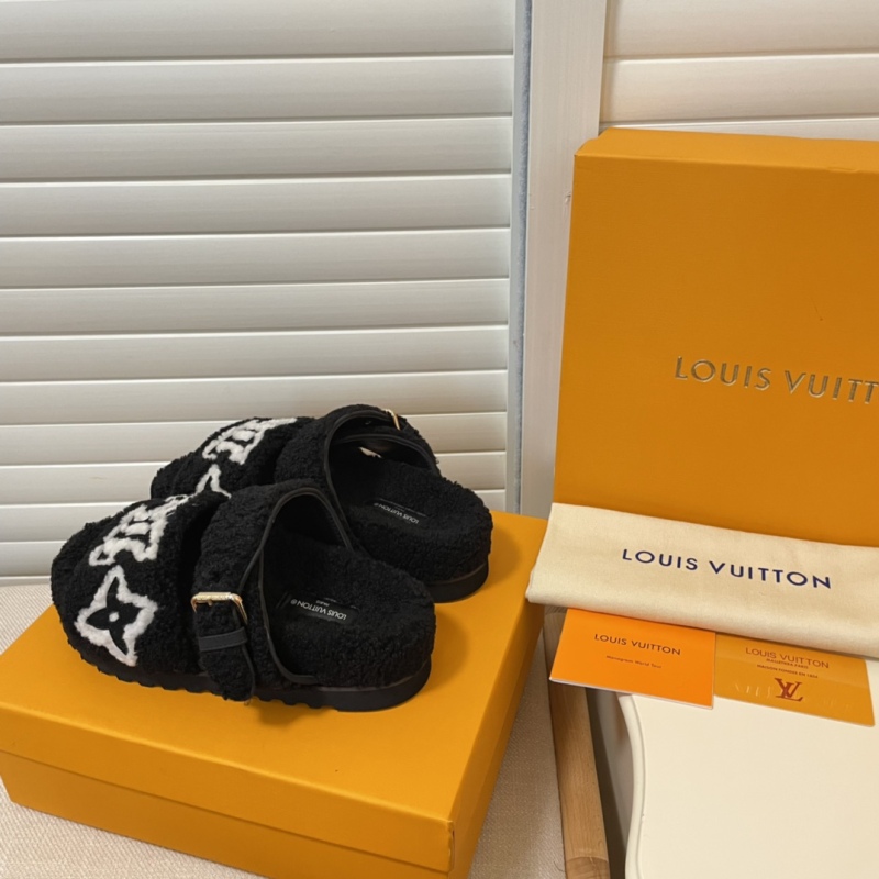 Louis Vuitton Shearling Logo Slides Black