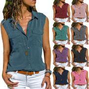 New Ladies Shirt Lapel Sleeveless Shirt Women (9 colors) S-8XL-$9.9 #99904351